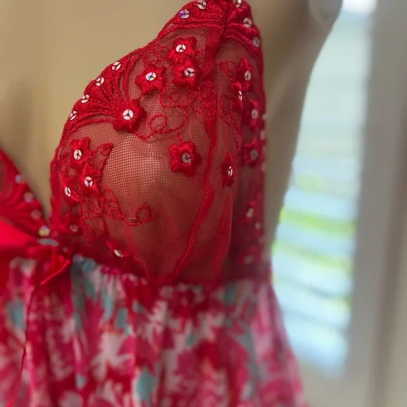 Red Floral Babydoll Sheer Adjustable Strap Slip Nineteen Sexy Sleep Dress Medium - Picture 5 of 11